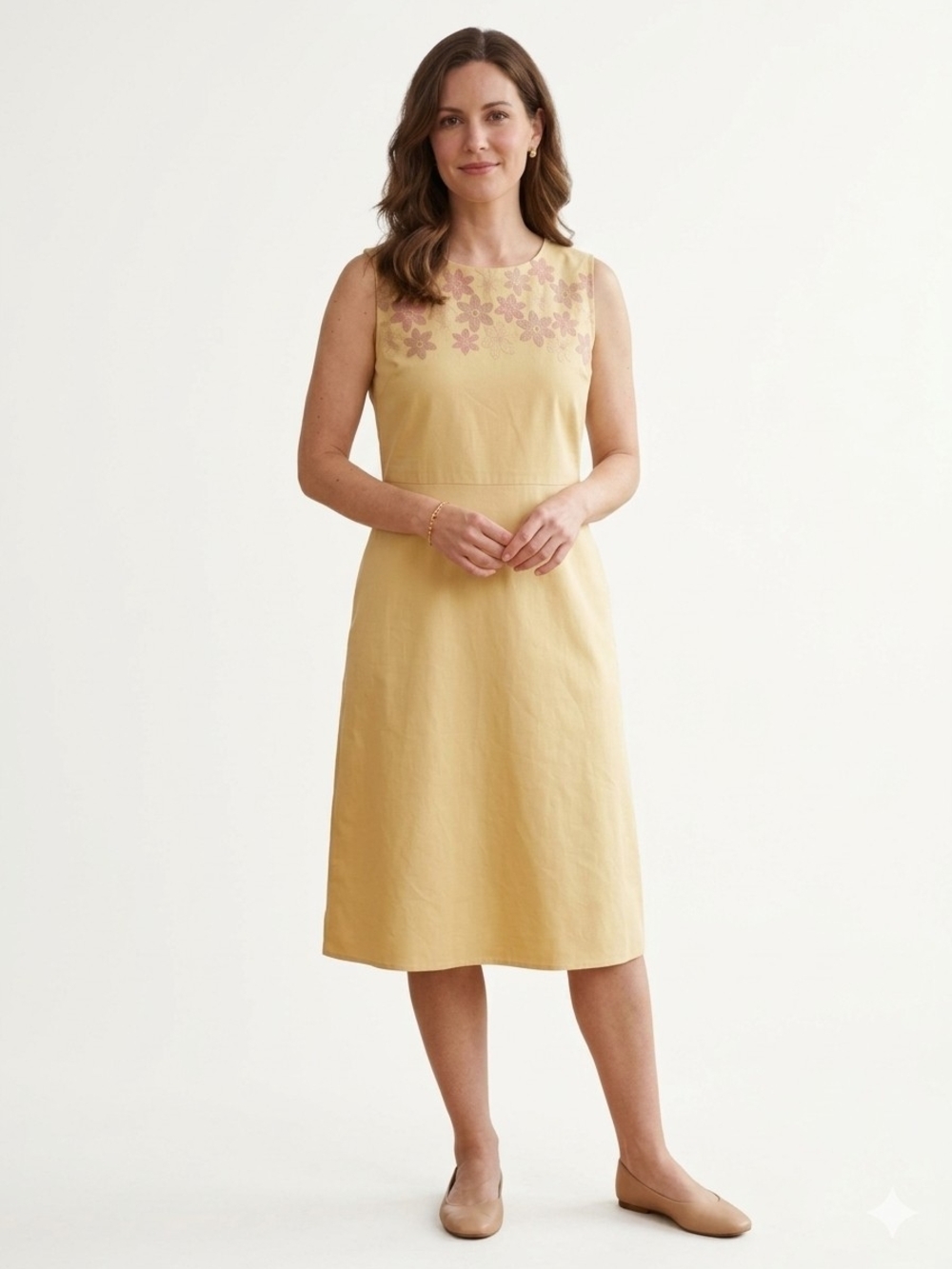 UNICA Sleeveless Yellow Shift Dress with Printed Floral Yoke Design Side Pockets